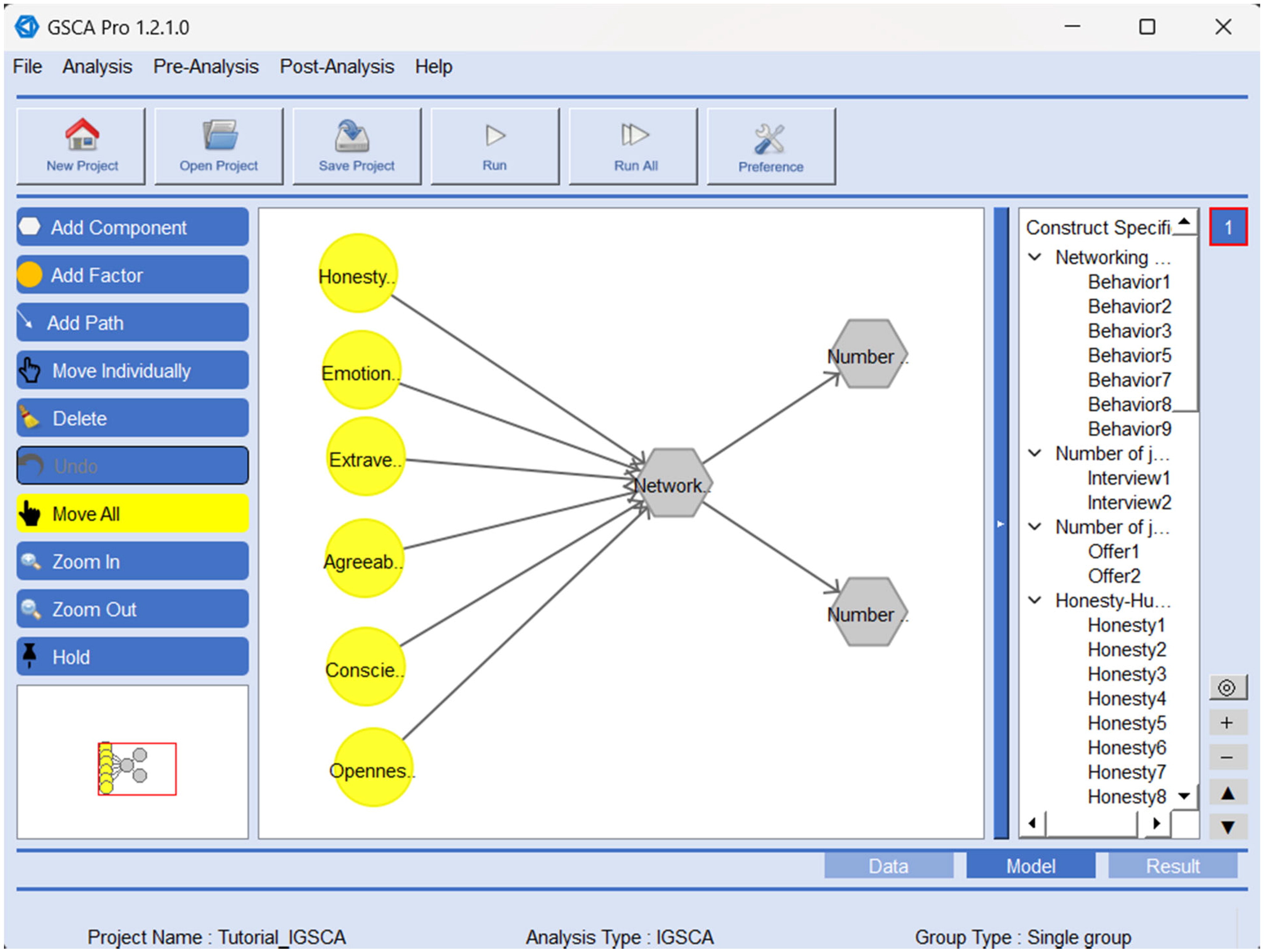 GSCA Pro interface showing six personality factors connected to a networking-behavior component and two job-outcome components, with indicator assignments in the side panel.