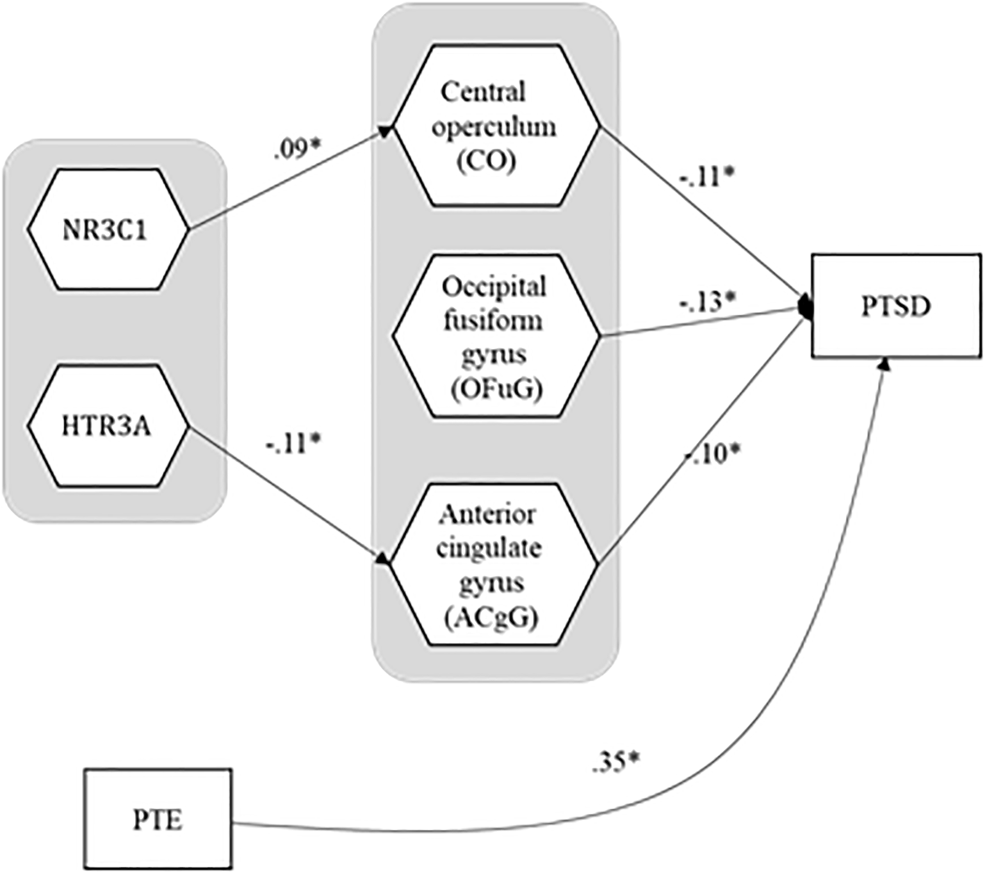 The estimates for the path coefficients that form statistically significant linkages from genes and PTE to ROIs to PTSD symptom severity