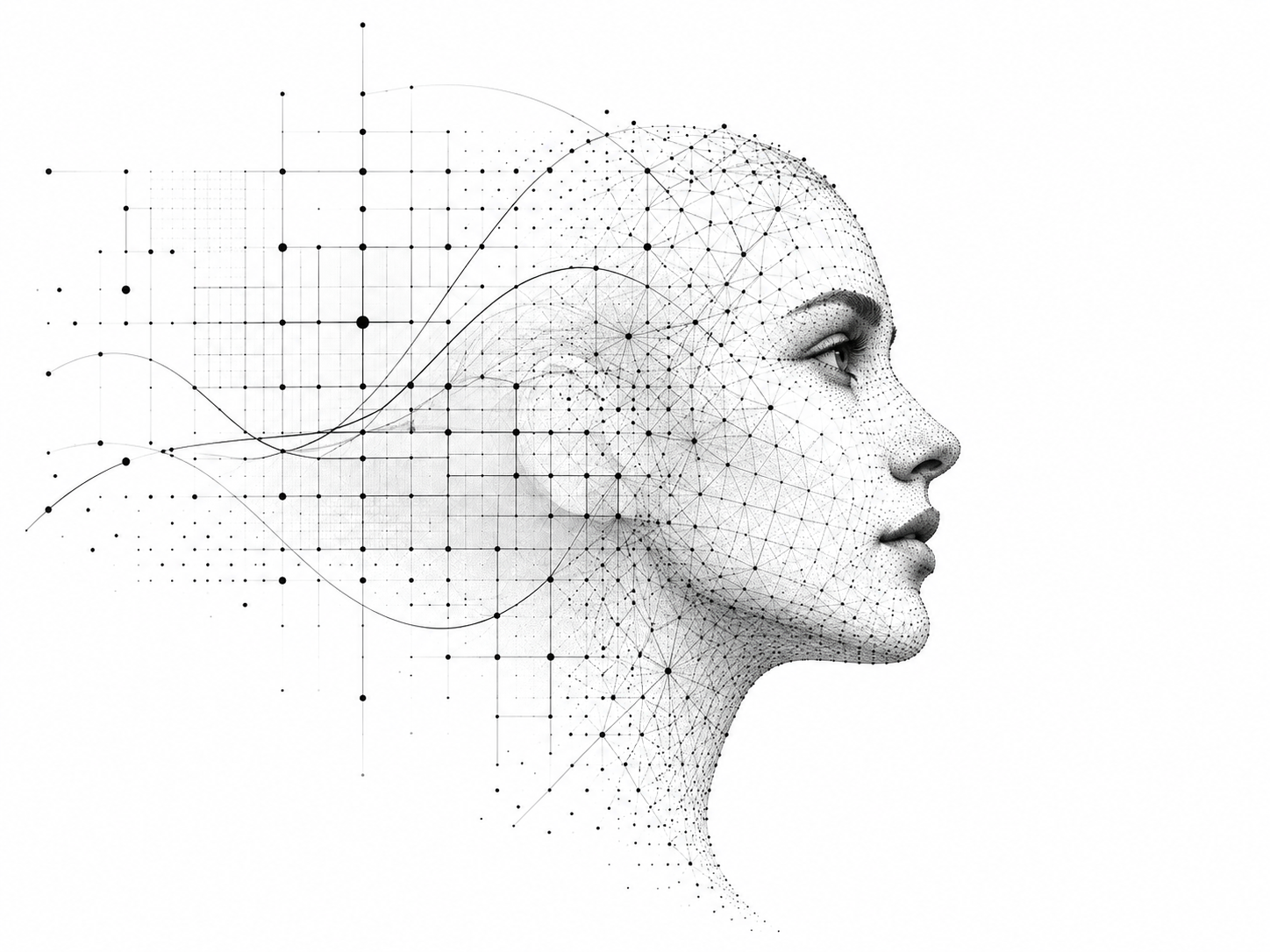Conceptual portrait formed from a geometric mesh, empirical points, and a matrix grid, representing human understanding through quantitative inquiry.